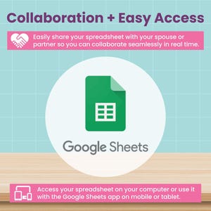 Op de afbeelding: Afbeelding ter promotie van Google Sheets, met een groen spreadsheetpictogram in een witte cirkel. De tekst "Collaboration + Easy Access" staat bovenaan, met extra tekst eronder. Het Google Sheets-logo wordt prominent weergegeven.