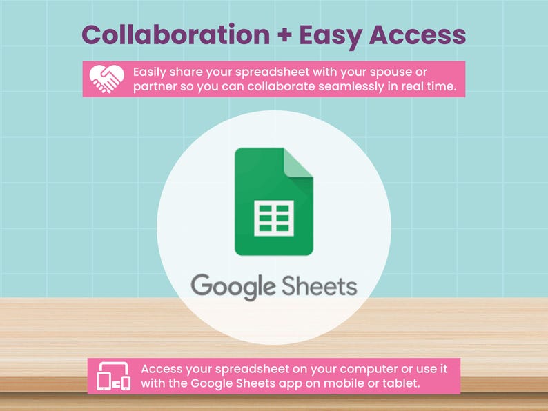 Op de afbeelding: Afbeelding ter promotie van Google Sheets, met een groen spreadsheetpictogram in een witte cirkel. De tekst "Collaboration + Easy Access" staat bovenaan, met extra tekst eronder. Het Google Sheets-logo wordt prominent weergegeven.