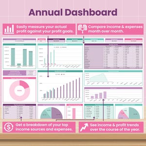 May include: An annual dashboard graphic with charts and graphs in shades of pink, purple, and teal. The dashboard includes text that reads "Annual Dashboard", "Easily measure your actual profit against your profit goals", "Compare income & expenses month over month", "Get a breakdown of your top income sources and expenses", and "See income & profit trends over the course of the year."