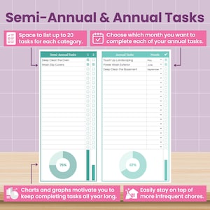 May include: A planner titled "Semi-Annual & Annual Tasks" with lists for tasks and months. The planner includes charts and graphs to track progress. The text includes "Space to list up to 20 tasks for each category" and "Choose which month you want to complete each of your annual tasks."