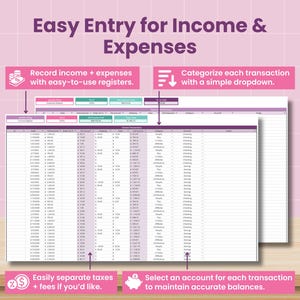 May include: A digital spreadsheet interface for tracking income and expenses. The image shows a detailed financial ledger with columns for dates, descriptions, and amounts. Text on the image reads "Easy Entry for Income & Expenses" and "Record income + expenses with easy-to-use registers."