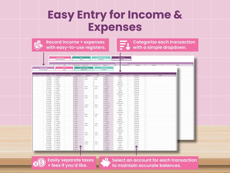 May include: A digital spreadsheet interface for tracking income and expenses. The image shows a detailed financial ledger with columns for dates, descriptions, and amounts. Text on the image reads "Easy Entry for Income & Expenses" and "Record income + expenses with easy-to-use registers."
