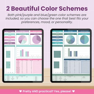 Puede incluir: Dos tabletas que muestran rastreadores de fitness digitales con gr&aacute;ficos y tablas de datos. La tableta izquierda presenta un esquema de color rosa y morado, mientras que la derecha presenta un esquema de color azul y verde. Texto: 2 Beautiful Color Schemes.