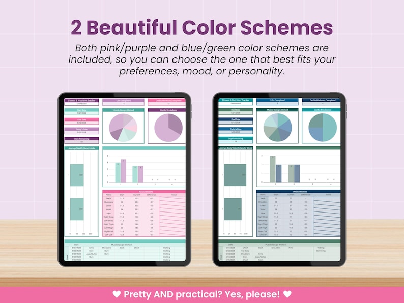 Puede incluir: Dos tabletas que muestran rastreadores de fitness digitales con gr&aacute;ficos y tablas de datos. La tableta izquierda presenta un esquema de color rosa y morado, mientras que la derecha presenta un esquema de color azul y verde. Texto: 2 Beautiful Color Schemes.