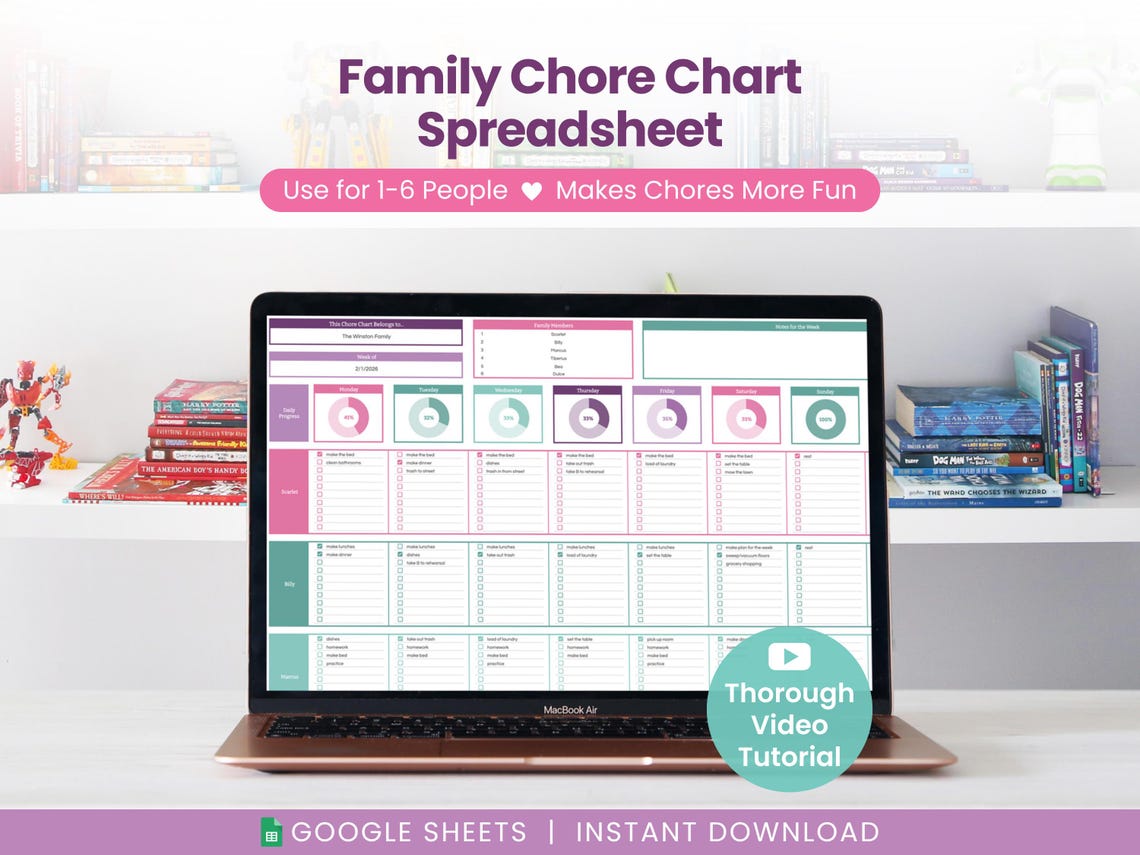 Family Chore Chart Spreadsheet for Google Sheets: Interactive Task ...