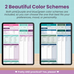 Op de afbeelding: Twee digitale tablets met budgetspreadsheets. E&eacute;n tablet heeft een roze en paarse kleurenschema, de andere blauw en groen. Bovenin staat de tekst "2 Beautiful Color Schemes."
