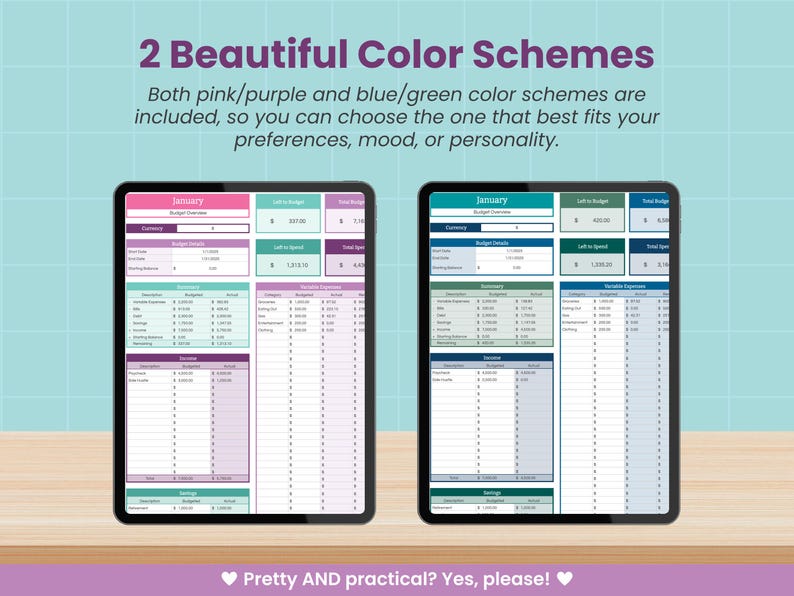 Op de afbeelding: Twee digitale tablets met budgetspreadsheets. E&eacute;n tablet heeft een roze en paarse kleurenschema, de andere blauw en groen. Bovenin staat de tekst "2 Beautiful Color Schemes."