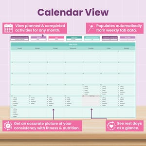 Puede incluir: Una vista de calendario digital de seguimiento de fitness y nutrici&oacute;n para mayo de 2026. La interfaz presenta una cuadr&iacute;cula mensual con columnas para los d&iacute;as de la semana, filas para las fechas y cuadros de texto que indican actividades diarias.