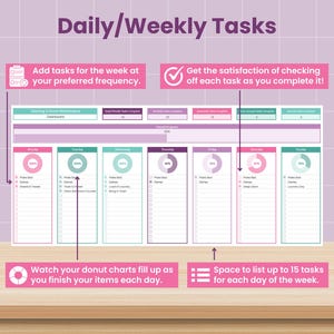 May include: A digital daily/weekly task planner with a purple and teal color scheme. The planner includes sections for each day of the week, with space to list up to 15 tasks. The text reads "Daily/Weekly Tasks".