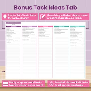 May include: A digital planner page with the title "Bonus Task Ideas Tab." It features columns for task lists, with the text "Starter list of tasks ideas for each category" and "Completely editable- delete, move, or change tasks to your liking."