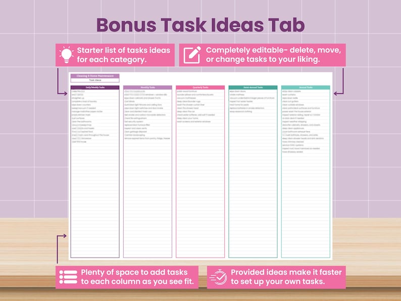 May include: A digital planner page with the title "Bonus Task Ideas Tab." It features columns for task lists, with the text "Starter list of tasks ideas for each category" and "Completely editable- delete, move, or change tasks to your liking."