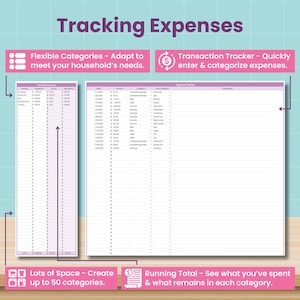 Op de afbeelding: Een digitale onkostentracker met de titel "Tracking Expenses". De afbeelding toont twee spreadsheets met de tekst "Flexible Categories", "Transaction Tracker", "Lots of Space" en "Running Total". De achtergrond is lichtblauw en hout.
