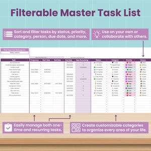 May include: A digital task list titled "Filterable Master Task List" with a purple and white color scheme. The list allows sorting by status, priority, category, and more. The image includes text that says "Easily manage both one-time and recurring tasks."