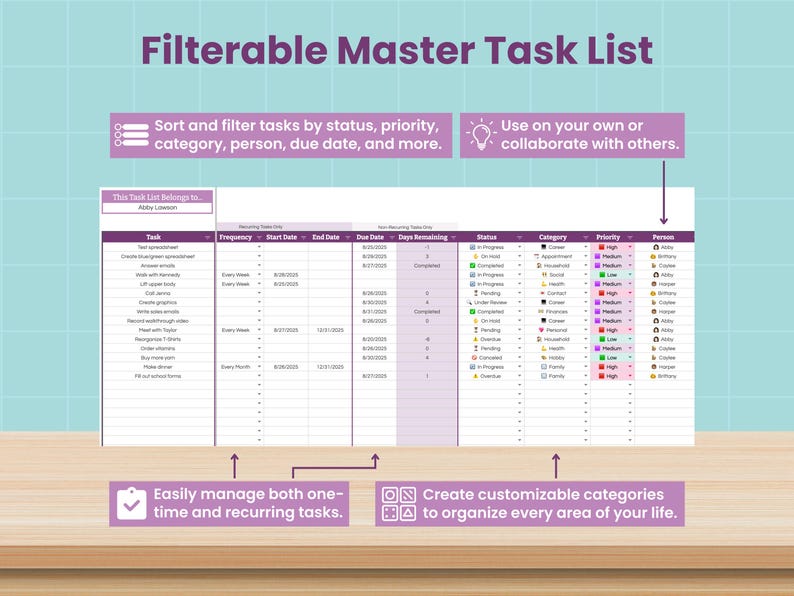 May include: A digital task list titled "Filterable Master Task List" with a purple and white color scheme. The list allows sorting by status, priority, category, and more. The image includes text that says "Easily manage both one-time and recurring tasks."