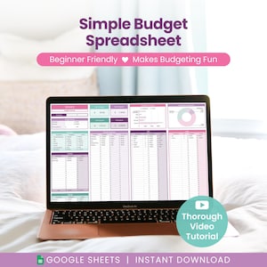 May include: A laptop displays a simple budget spreadsheet with a pink, purple, and teal color scheme. Text at the top reads "Simple Budget Spreadsheet" and "Beginner Friendly Makes Budgeting Fun." A video tutorial is also available.