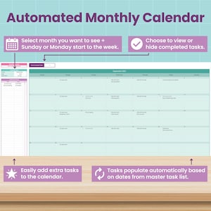 May include: An automated monthly calendar interface with the title "Automated Monthly Calendar". The interface includes options to select the month, choose the start day, and view or hide completed tasks. Additional features include adding tasks and automatic task population.