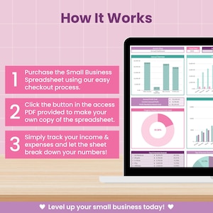May include: A laptop screen displays a small business spreadsheet with charts and graphs. The image shows the steps: purchase, access PDF, and track income and expenses. Text reads "How It Works" and "Level up your small business today!"