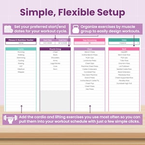 Puede incluir: Una interfaz de seguimiento de fitness y nutrici&oacute;n con columnas para cardio, grupos musculares, pecho y espalda. El dise&ntilde;o incluye campos de texto para fechas de inicio y fin, d&iacute;as restantes y selecci&oacute;n de unidades, con texto instructivo.