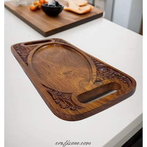 Handmade Sheesham Wood Serving Tray Hand Carved Coffee Serving Tray Kitchen Tray Versatile Decorative Platter Kitchen Accessories