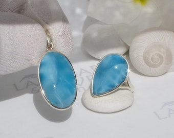 Eye catching and perfect jewelry set, Mermaid Soul - Larimar ring size 7, blue oval pendant silver speedy delivery worldwide best wife gift