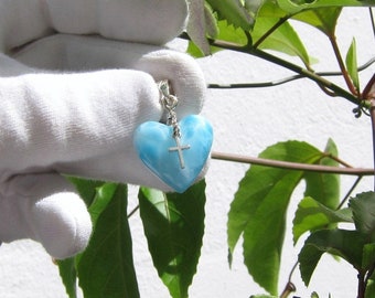 Spiritual heart pendant, Holy Love 3 - reversible Larimar pendant dangling cross angel heart fast delivery worldwide easter gift for girl