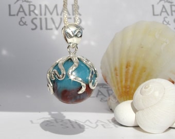 Mysterious red blue pearl pendant, Kraken Island - rare colored Larimar pendant silver octopus pendant jasper sea sediment jewelry men gift