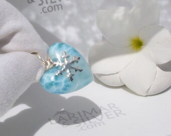 Larimar heart pendant by Larimarandsilver, Blizzard of Love 2 - Larimar pendant 925 silver snowflake/winter fairy/Larimar jewelry/woman gift