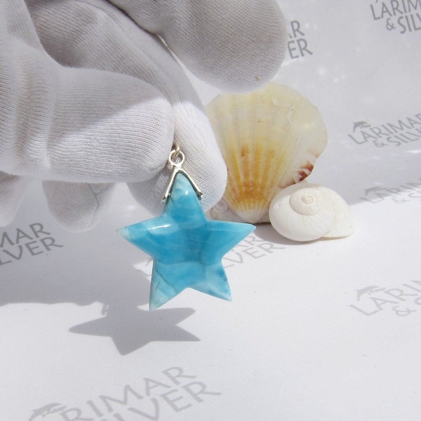 Carved turquoise star shaped pendant, Mermaids Shooting Star - Larimar stone pendant 925 silver comfort pendant speedy delivery friend gift
