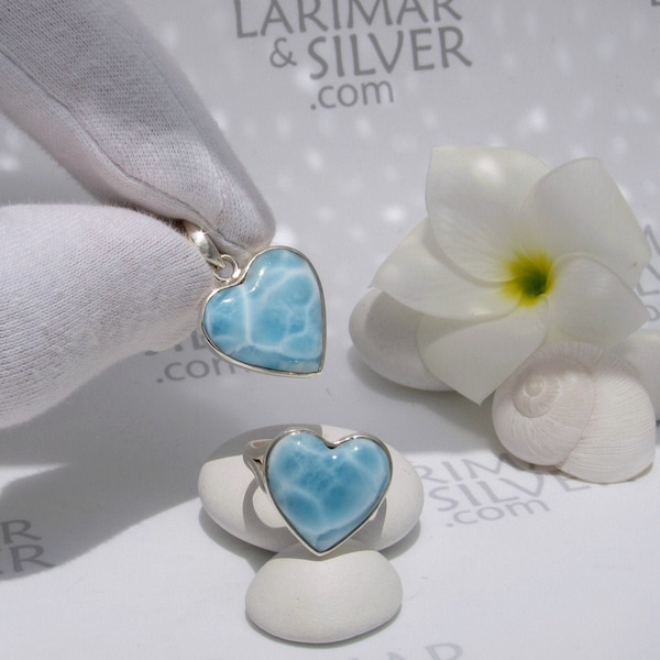 Romantic water blue jewelry set, Pure Source of Love, Turtleback Larimar heart ring size 7.5 and heart pendant speedy delivery gift for love