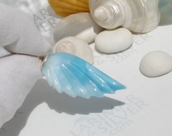Carved crystal blue Larimar pendant, Angel of Poseidon - guardian angel wing pendant blue feather comfort pendant fast delivery unisex gift