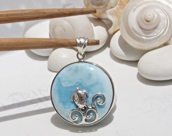 Soft blue round pendant, Sea of Tranquility - Larimar pendant silver sea turtle wave swirl topaz blue frozen fast delivered worldwide gift