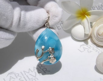 Amazing teardrop pendant, Lake of Blue Cherry Blossoms - Larimar pendant 925 silver flowers Caribbean blue fast delivery worldwide wife gift