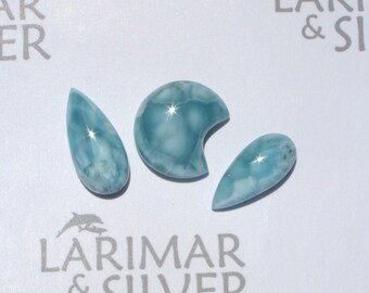 3 Larimar cabs from Larimarandsilver, Jurassic Verdigris - Larimar stone/matched cabochon/larimar crescent/aqua teal cabochon/Larimar supply