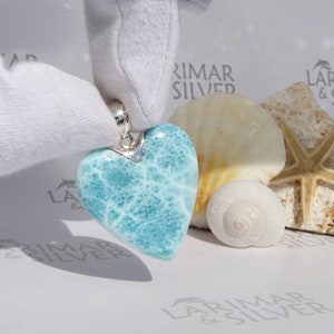 Reversible aqua heart pendant, Great Waterfall of Love - soft turquoise Larimar heart pendant 925 silver fast delivery woman gift for lover