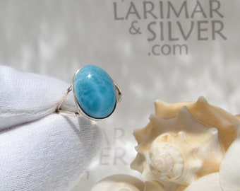Sapphire blue ring size 7, Lagoon of the Sirens - iridescent Larimar oval ring solid silver Caribbean sea blue speedy delivery woman gift