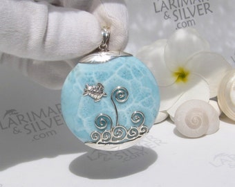 Designer round pendant, Sea Turtle Playground 2 - turtleback Larimar gemstone bold pendant 925 silver waves fast delivery anniversary gift