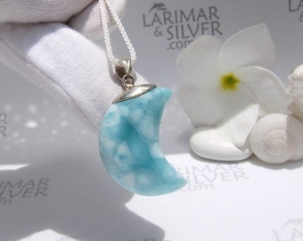 Aqua blue moon pendant, Moon of Crystal Lake - iridescent turquoise Larimar crescent pendant frozen water fast delivery poetic gift for her