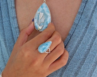 Water drop lookalike crystal Larimar drop ring size 6.5, Magical Source - Larimar ring 925 silver aquamarine fast delivery anniversary gift