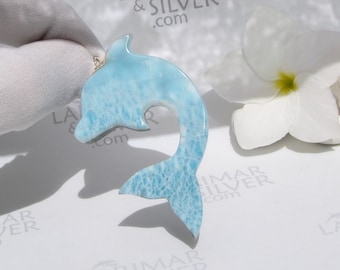 Reversible natural Larimar dolphin pendant, Dolphin Reef 1 - basalt gray blue carved dolphin beach statement pendant fast delivery men gift