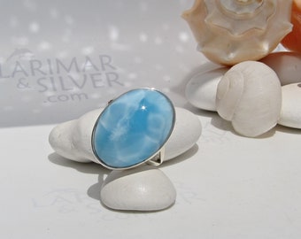 Impressive sky blue oval ring size 7.5, Teach Me to Fly, bold topaz blue Larimar oval ring sterling silver fast delivery worldwide wife gift