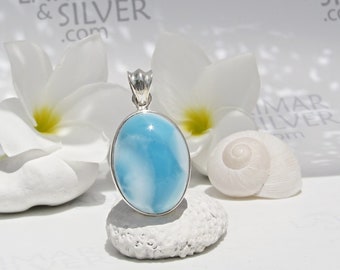 Bright bold Larimar oval pendant, Jellyfish in the Sky - azure sky blue cloudy Larimar pendant 925 silver fast delivery worldwide woman gift