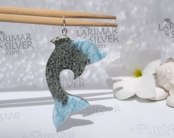 Volcanic Larimar dolphin pendant, Dolphin Reef 2, reversible Larimar pendant silver dolphin leap granit fast delivery worldwide gift for men