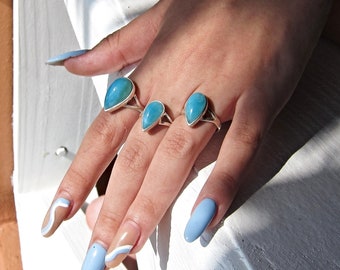 AAA quality Larimar rings size 6.75 & 5.75, Caribbean Gipsy - 3 matched Caribbean blue Larimar drop rings fast delivery worldwide woman gift