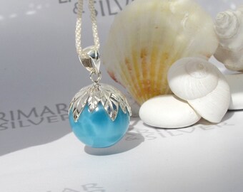 Bold turquoise blue pearl pendant, Mermaids Berry 22 - AAA quality Larimar pendant 925 silver leaves Caribbean style fast delivery wife gift