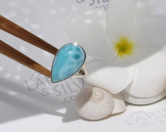 Blue turquoise AAA quality teardrop ring size 6.5, Caribbean Shine - Larimar pear ring 925 silver fast delivery worldwide best gift for wife