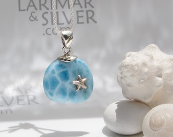 Blue pebble pendant, To the Beach 2 - freeform Larimar pendant silver starfish comfort pendant relaxing fast delivery dainty teen gift gen-z