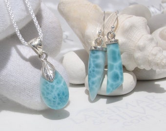 OOAK Larimar jewelry set, Wild Tropics - mismatched Larimar pendant and earrings aquamarine shimmering water effect fast delivery woman gift