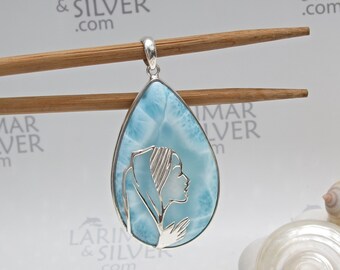 Spectacular Larimar drop pendant, Lady Immaculate - turtleback Larimar designer pendant 925 silver Virgin Mary fast delivery worldwide gift