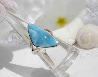 Turquoise statement ring size 7.25, Caribbean Explorer - Larimar triangle shaped ring solid silver blue sail fast delivery beach vibes gift