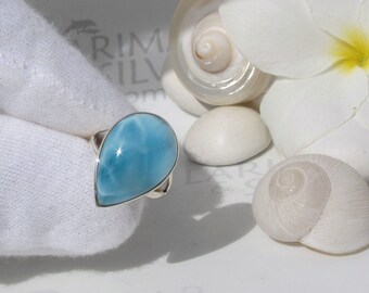 Translucent swiss blue topaz pear ring 6.5, Mystic Ocean - flawless Larimar teardrop ring solid silver fast delivery worldwide woman gift